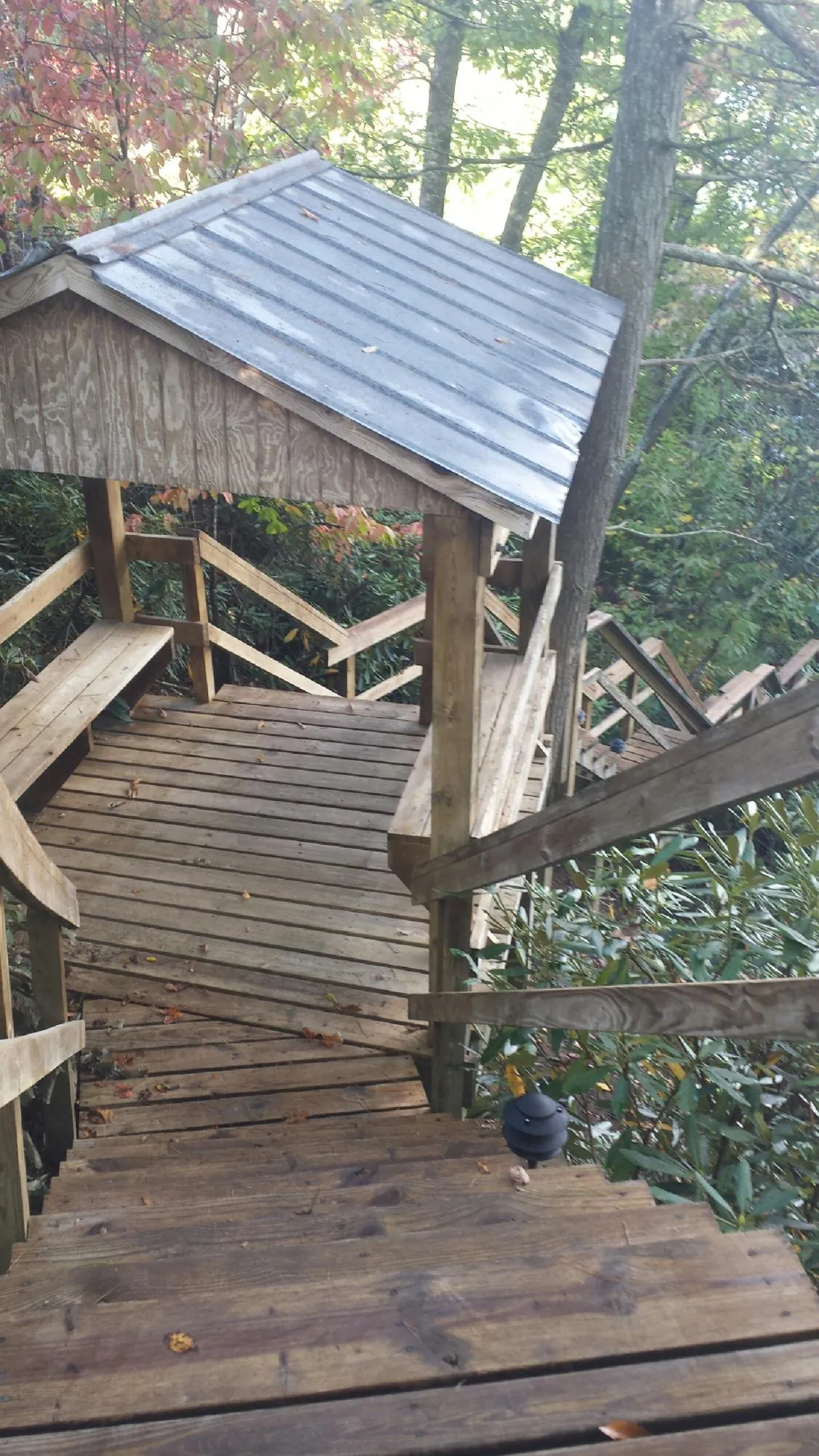 Metal roofed shelter over wooden steps on a wooded walkway — Skylight Repair & Installation work by our crew in Filley